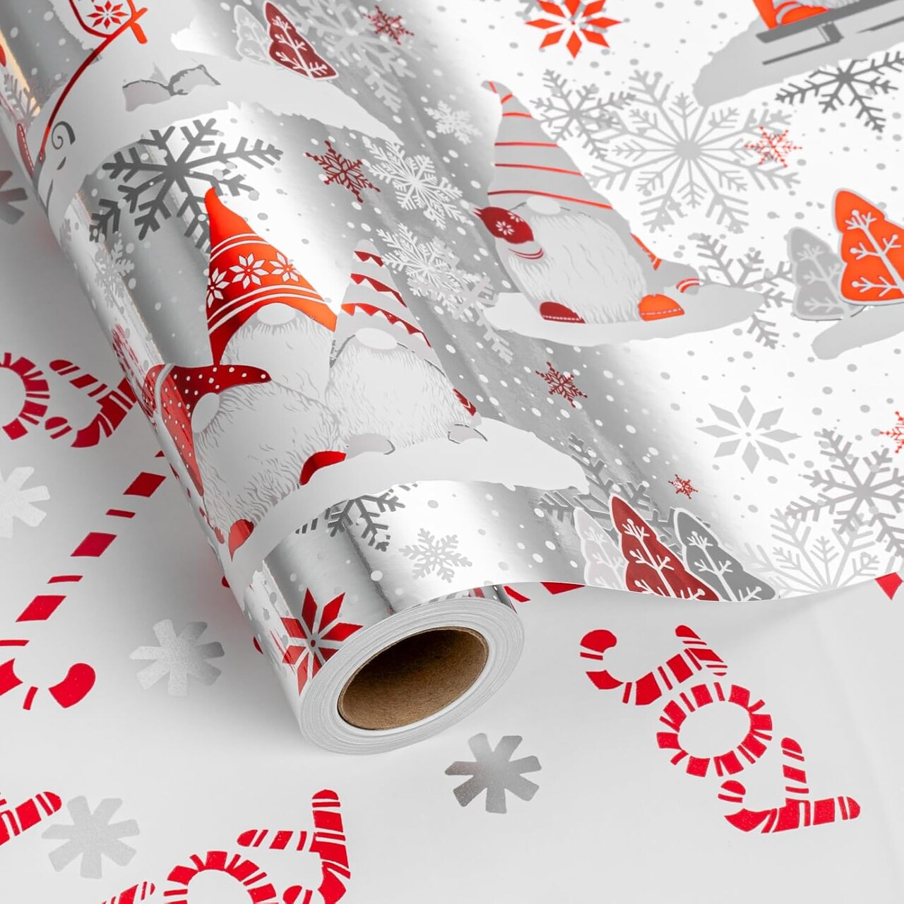 Christmas Reversible Wrapping Paper Roll-17in X 33ft(46.8 sqft)-Metallic Foil Shine Red and Gray Gnomes & Christmas Trees Patterns with Joy letterings,Snowflake,Candy Canes for Birthday,Party